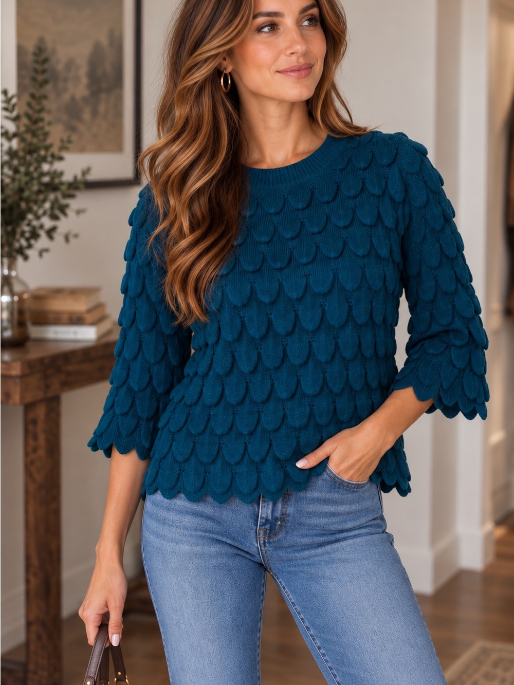 🔹 ANGIE Teal Textured Scallop Knit Sweater – Size Medium
